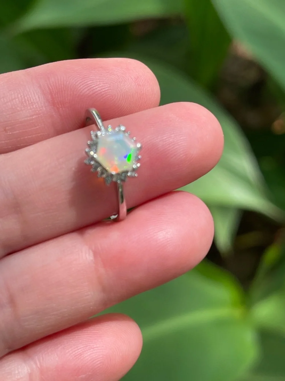 Iridescent Ethiopian Natural Opal Halo Ring in 925 Sterling Silver Size 7